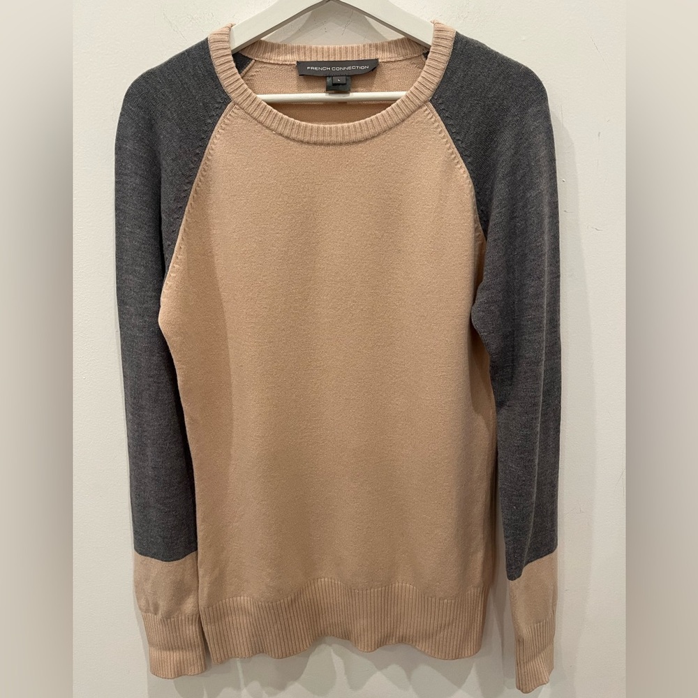 French Connection womens sz large Knit Rib Grey & Cream Sweater academia